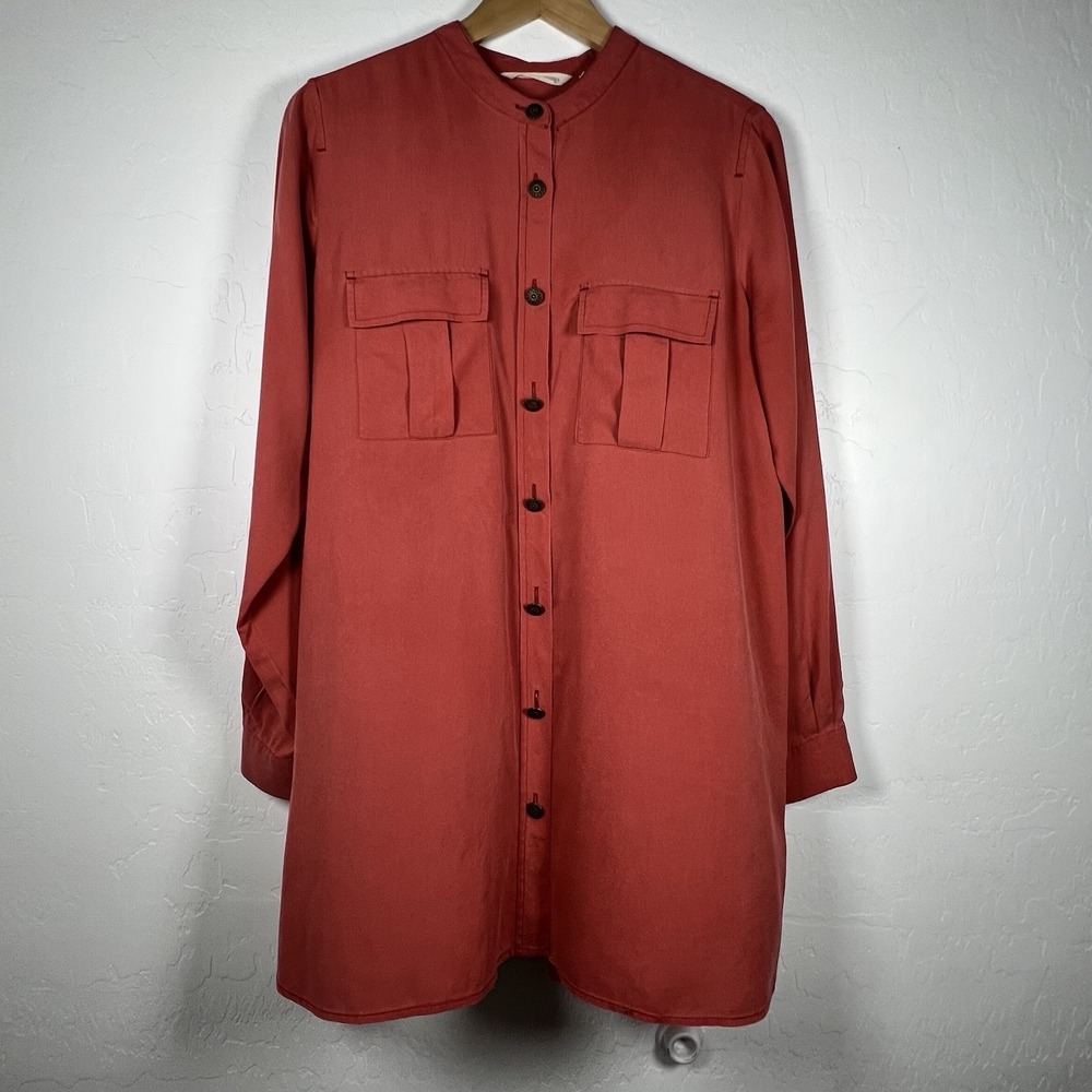 Soft‎ Surroundings Blouse Top 100% Silk M Coral Long Sleeve Button Up No Collar